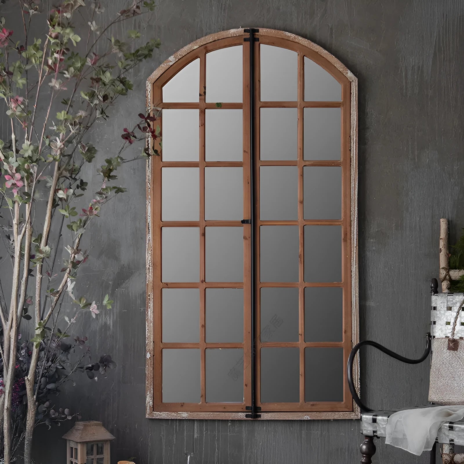 Terrace distressed fake window style wall mirror with log coloured wooden frame and glass