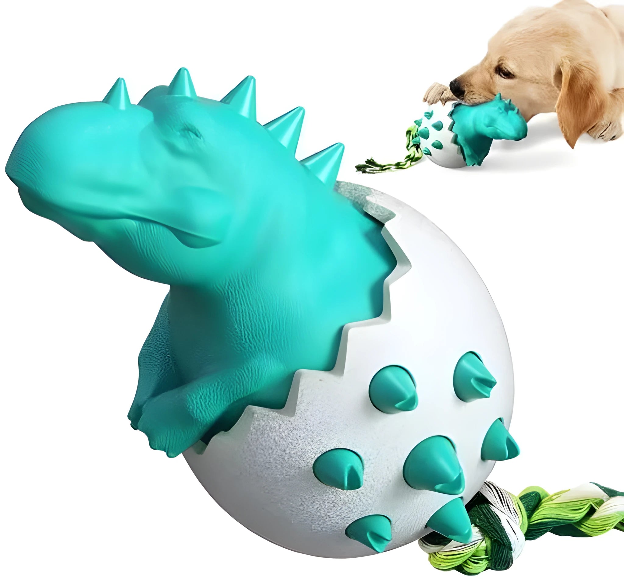 Blue dinosaur-shaped dog chew toy with rope element for aggressive chewers