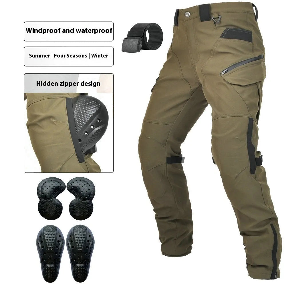 Motorcycle waterproof cycling trousers with belt and protective gear set in black or green colours