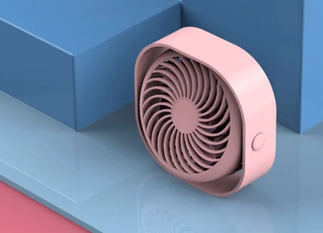 USB desk fan with alarm clock style in blue colour, showing 360-degree rotation feature.