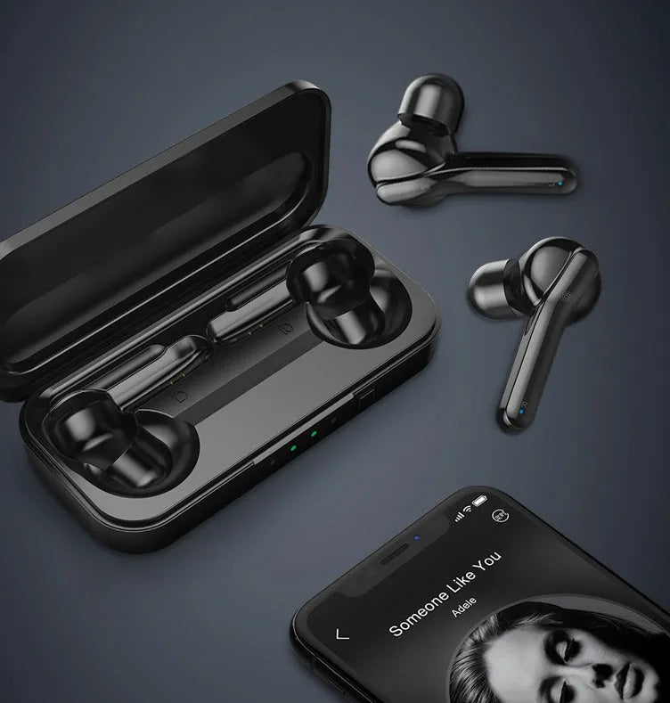 Black and white true wireless Bluetooth earbuds with IPX5 waterproof rating shown side by side.