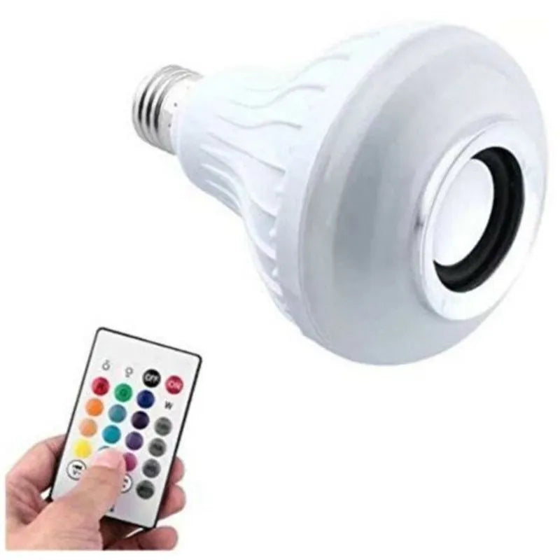 White Bluetooth speaker LED light bulb with E27 base and remote control for colour-changing mood lighting.