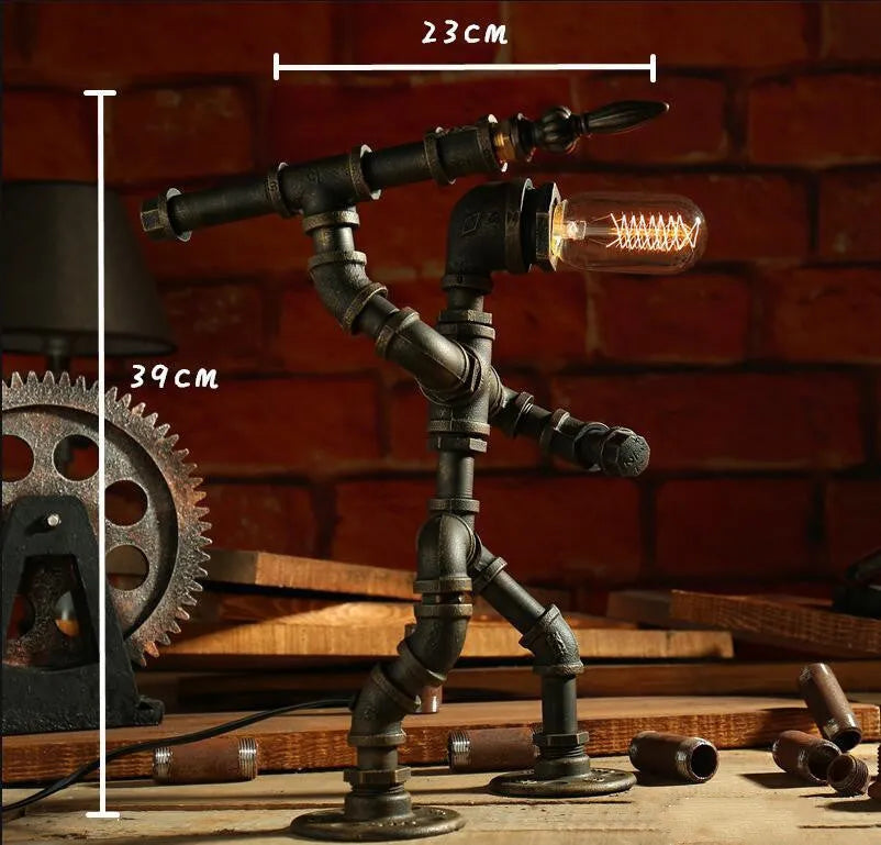 Vintage industrial robot table lamp with iron pipe design and water pipe light filtering