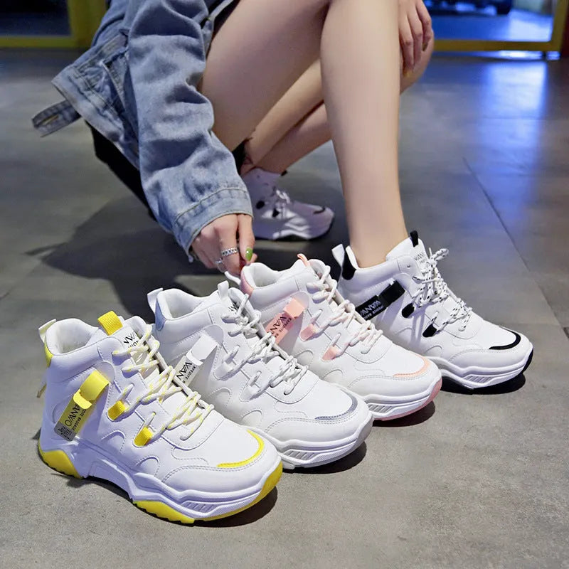 Women's high top white sneakers with PU upper, rubber sole, lace-up fastening on a plain background
