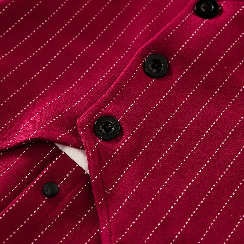 Wine red baby boys long-sleeve romper with single-breasted closure, gentleman style.