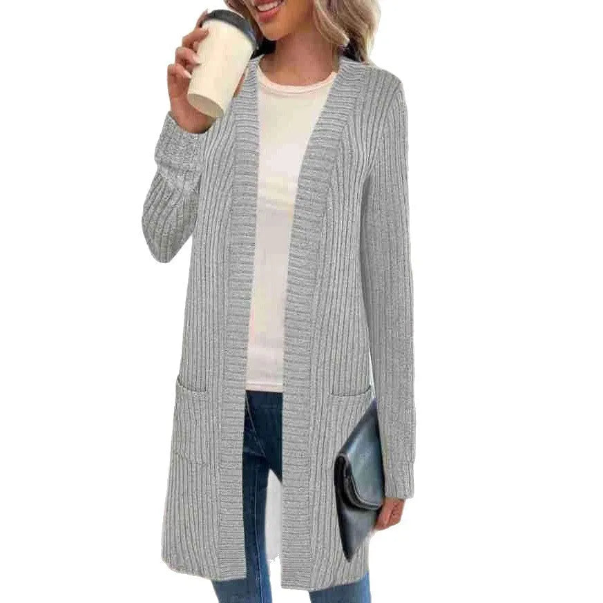 Long sleeve loose fit knitted cardigan jacket in black, wine red, or grey with pockets