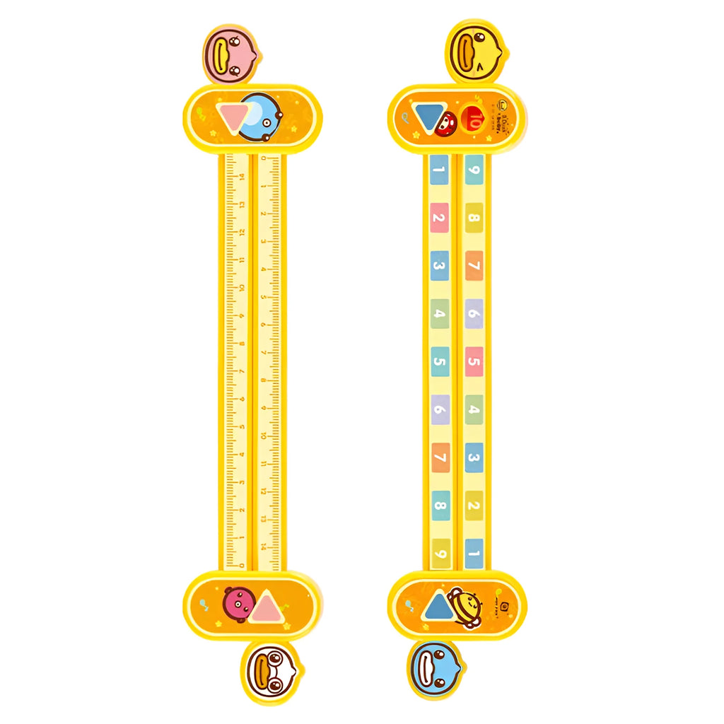 Yellow plastic children's digital decomposition ruler showing cartoon design and 24.5 cm scale