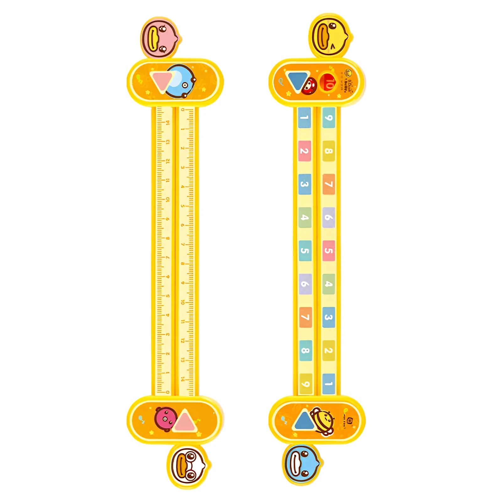 Yellow plastic children's digital decomposition ruler showing cartoon design and 24.5 cm scale