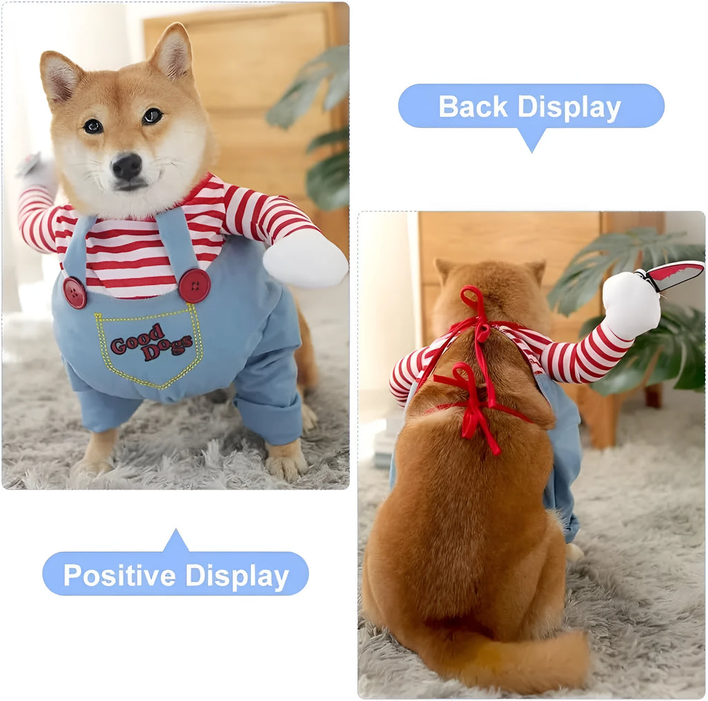 Striped harness trousers Halloween costume for dogs and cats with knife accessory in 3-piece set