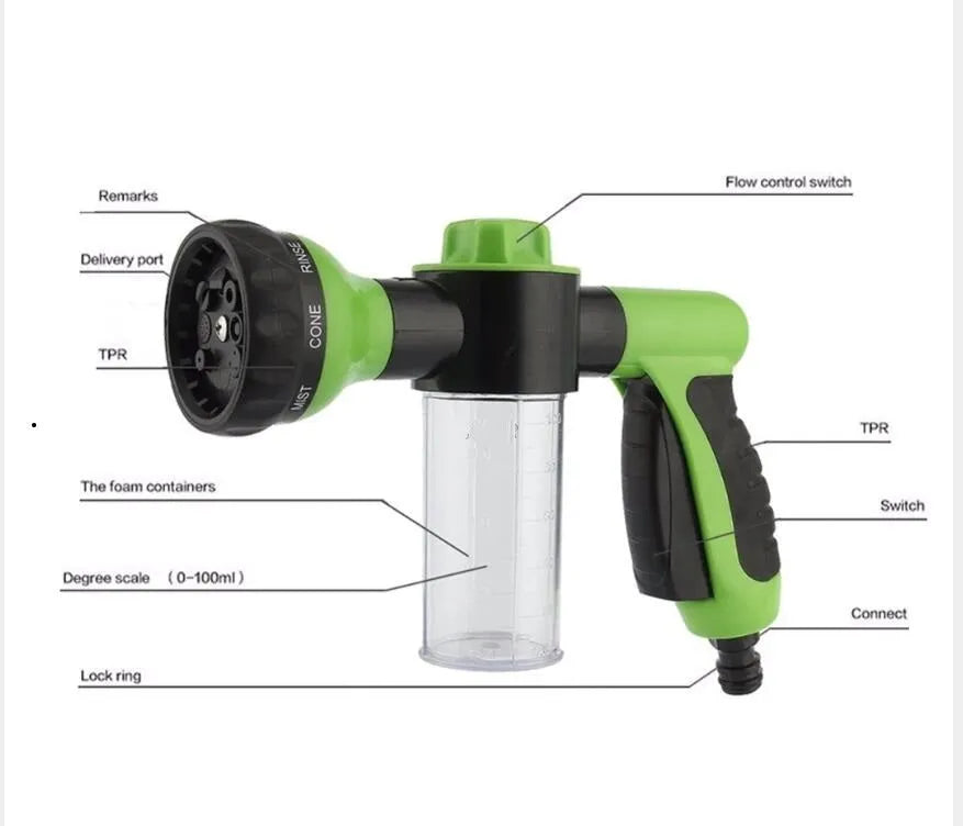Green high pressure foam spray gun with adjustable nozzle for car washing and garden watering