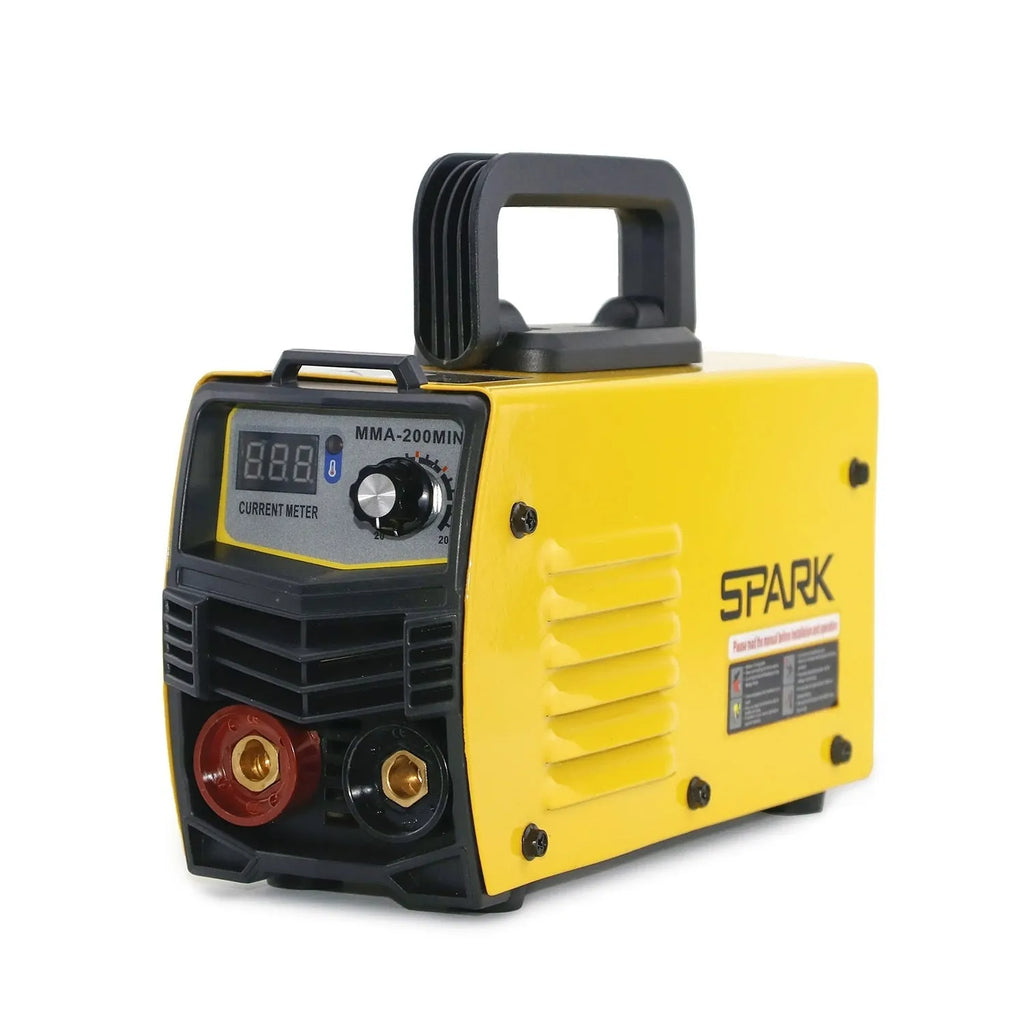 MMA-200MIN DC welding machine with welding tongs, clamp, face shield, and brush hangers on workbench