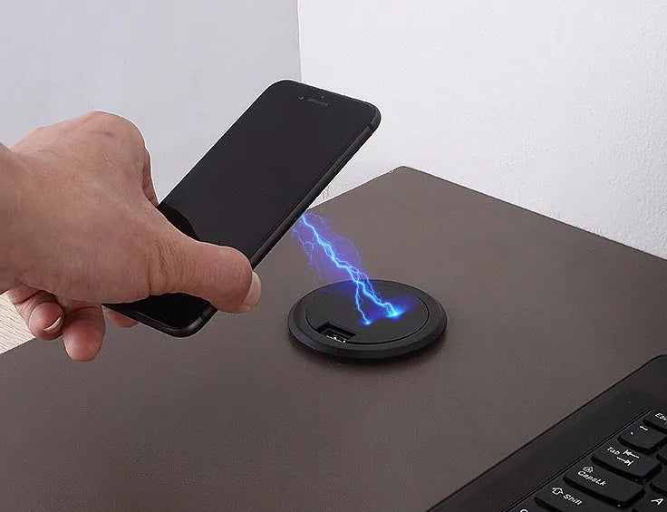 60mm round embedded wireless phone charger for furniture installation with smartphone compatibility logos