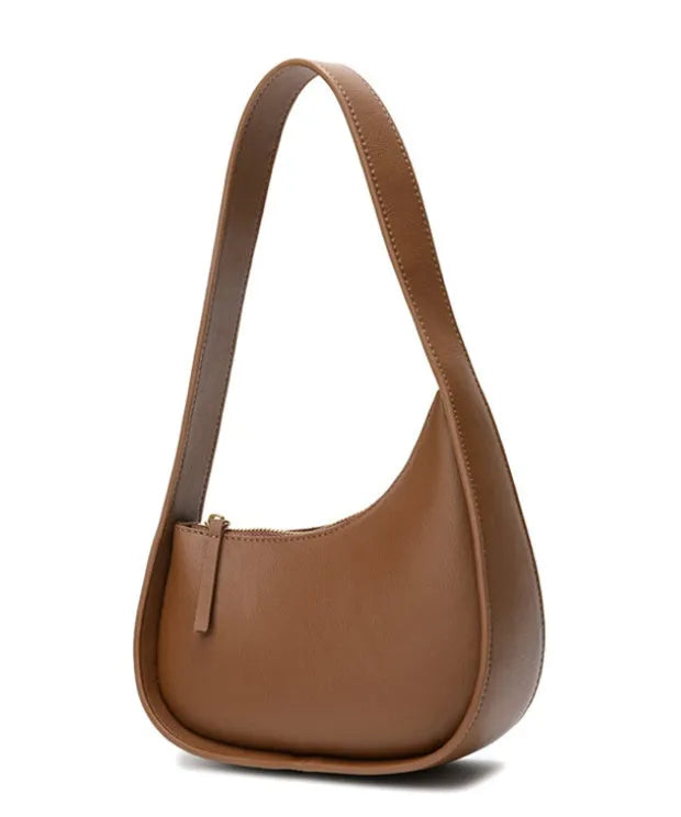 Genuine leather half moon women's handbag with wide shoulder strap in caramel colour