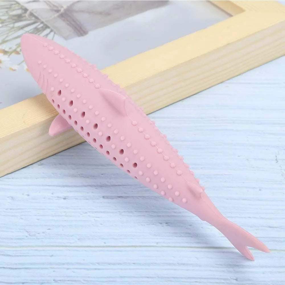 Silicone fish-shaped cat chew toy with breathable holes in green, pink, or purple colours