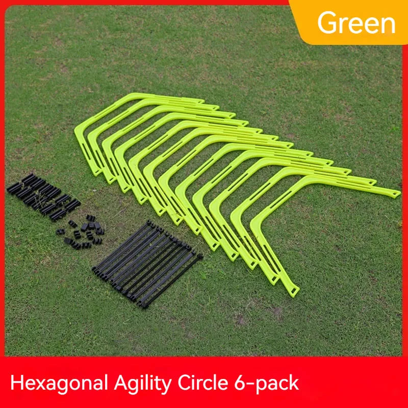 Six foldable hexagon agility training rings in yellow, green and orange colours for football drills