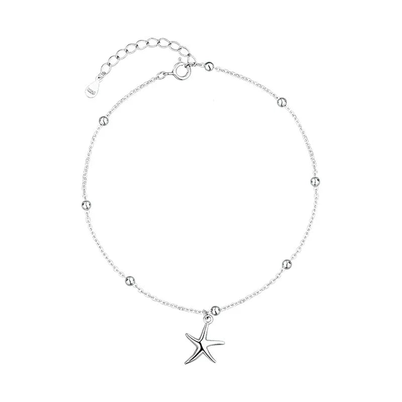 S925 sterling silver starfish anklet with round beads and adjustable length