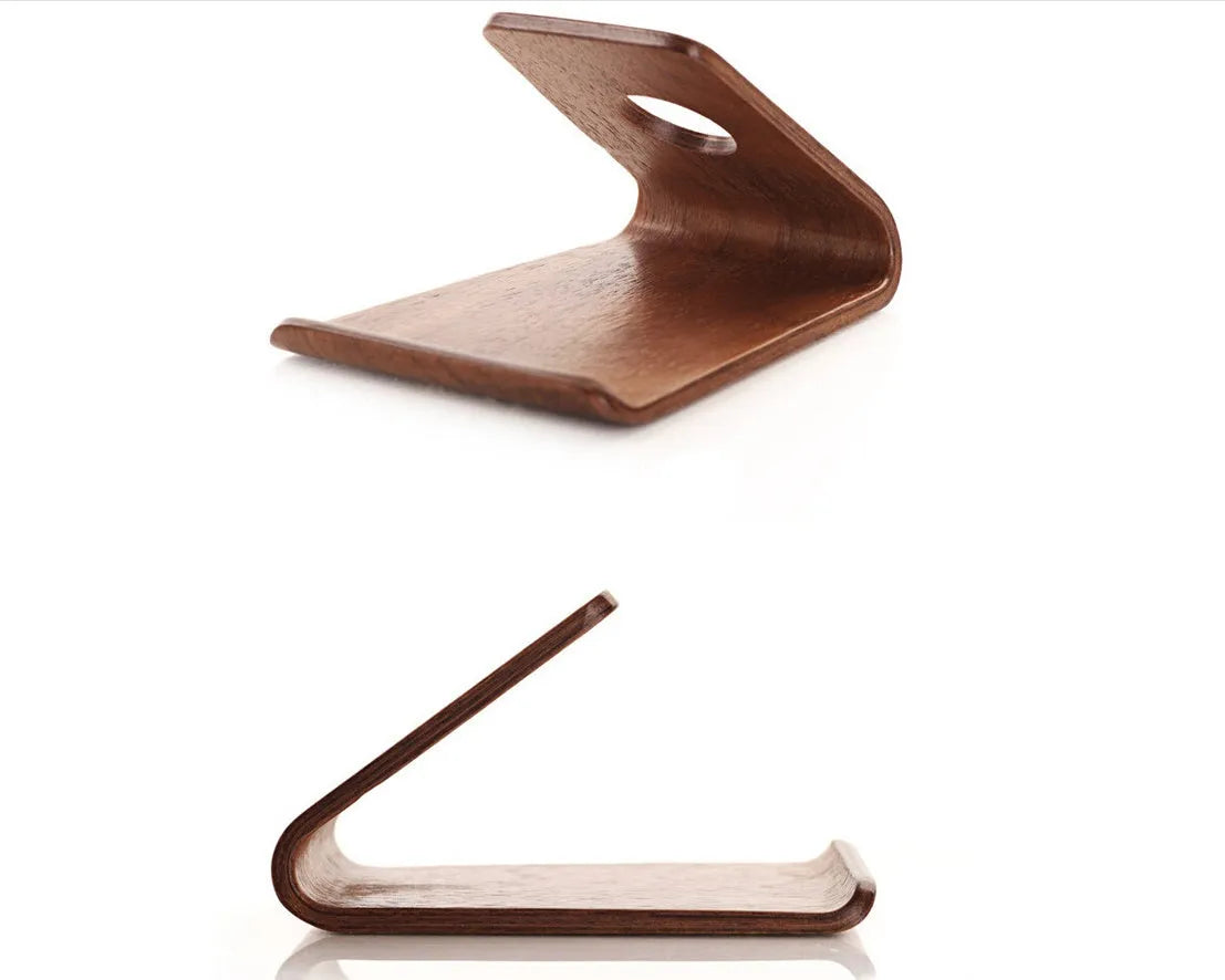 Walnut wooden iPhone stand with lazy bracket design on wooden desk