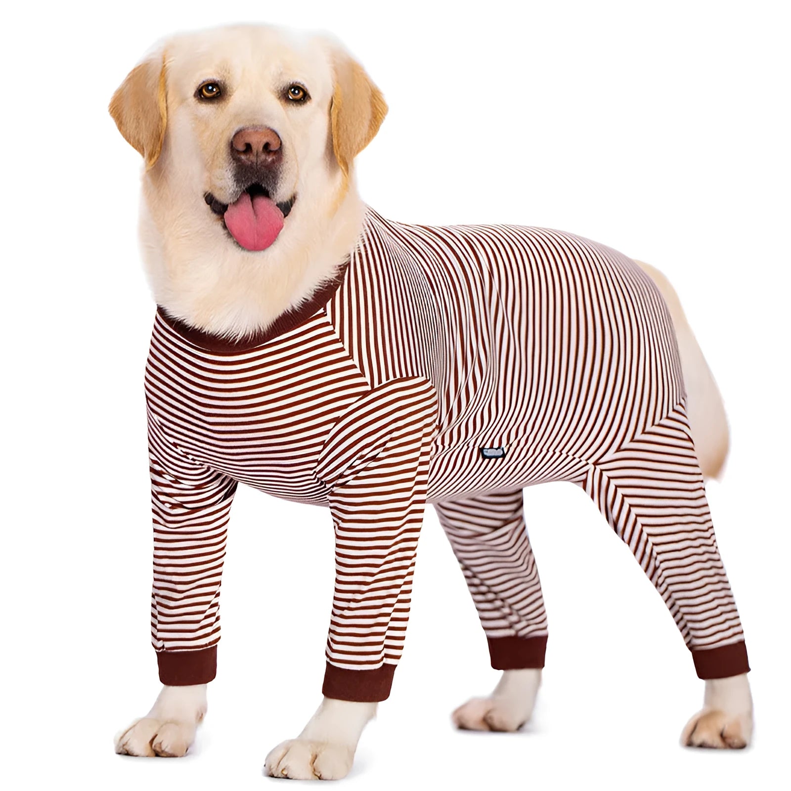 Striped four-legged dog shirt on a large breed dog, shown in sky blue, black dark blue stripe, or brown.
