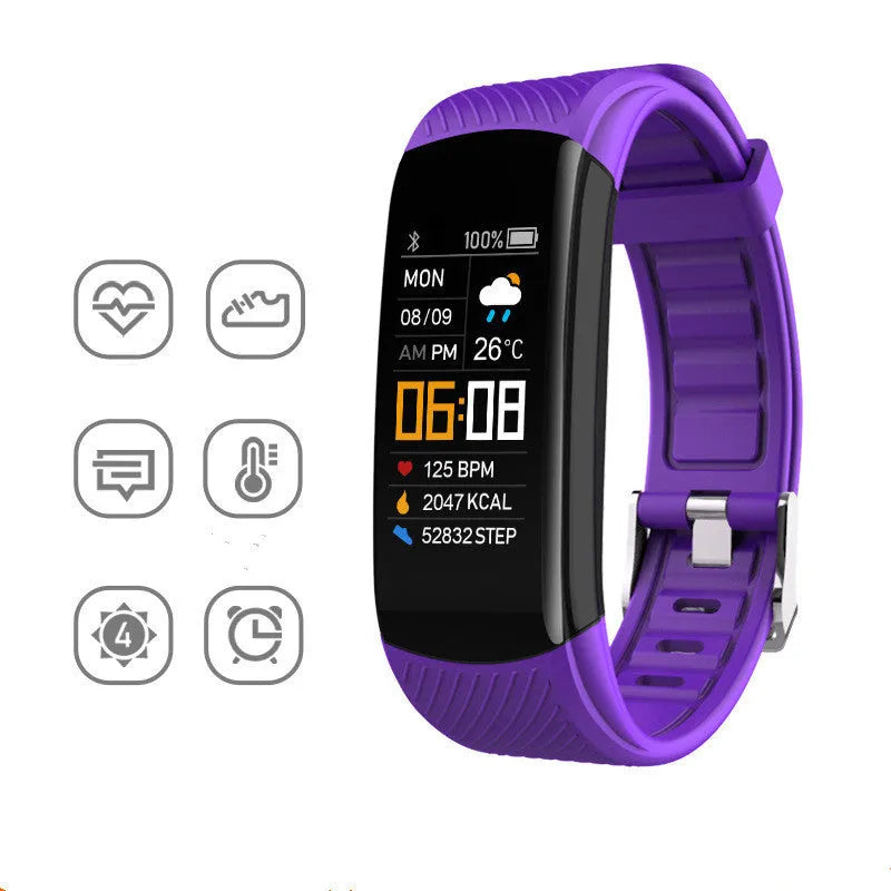 TPU sports pedometer bracelet on wrist showing 0.96-inch touch screen, available in multiple colours.