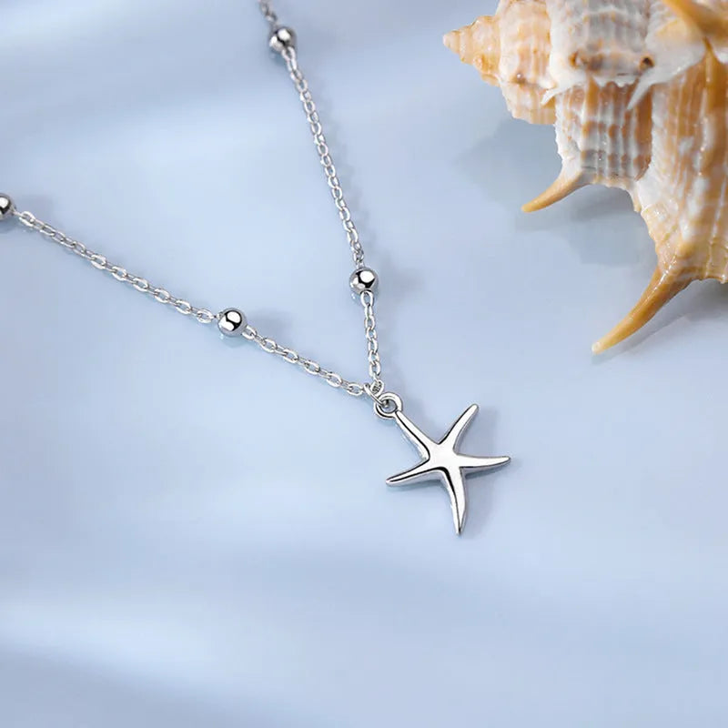 S925 sterling silver starfish anklet with round beads and adjustable length