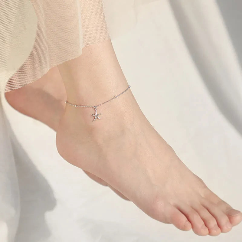 S925 sterling silver starfish anklet with round beads and adjustable length