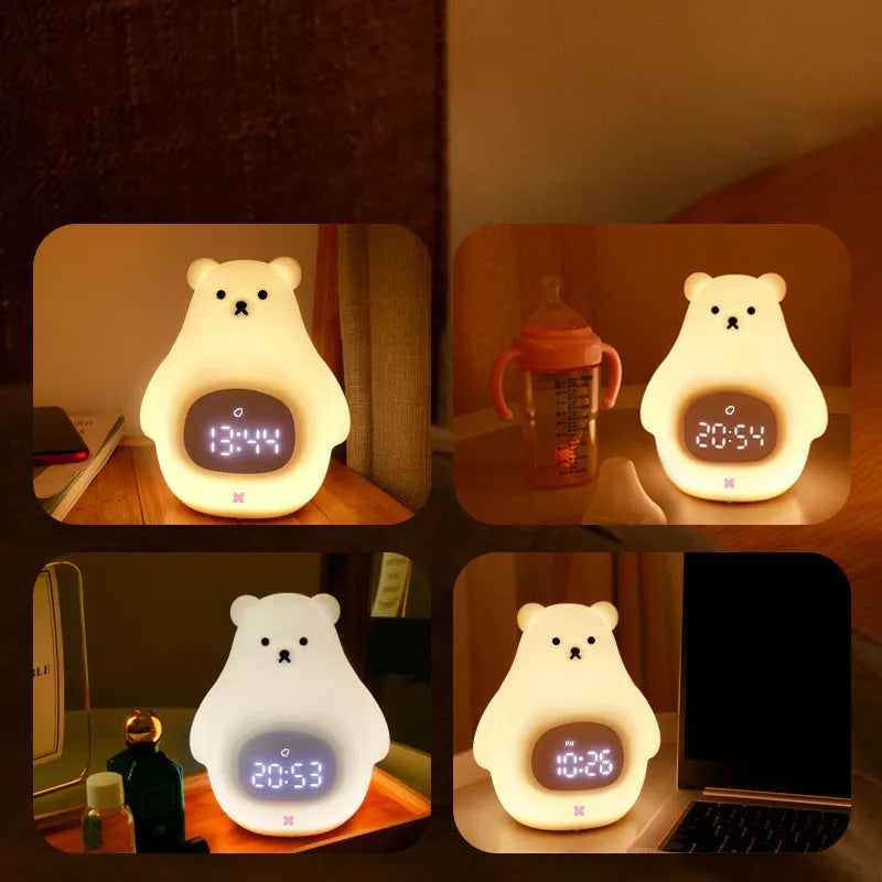 White silicone bear-shaped night light with timer and alarm clock functions on a bedside table.