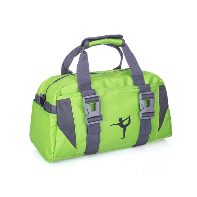 Nylon yoga gym bag showing medium and large size options in six colour variations