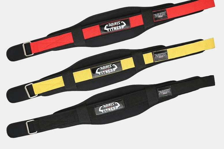 Nylon fitness weightlifting waistband in black, red, or yellow colours available in L, M, and XL sizes