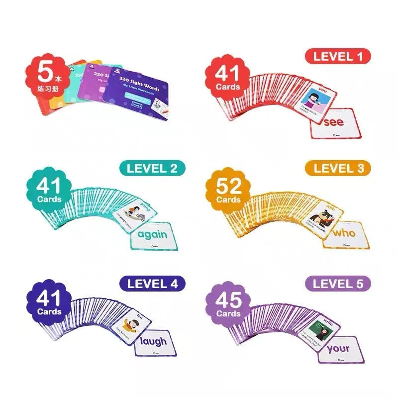 220 high-frequency word flash cards and 5 workbooks in an early learning gift box set for phonics.