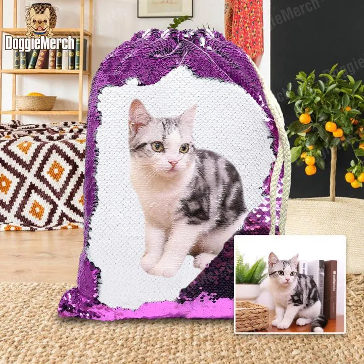 Custom purple sequin backpack with personalised pet photo print and drawstring closure