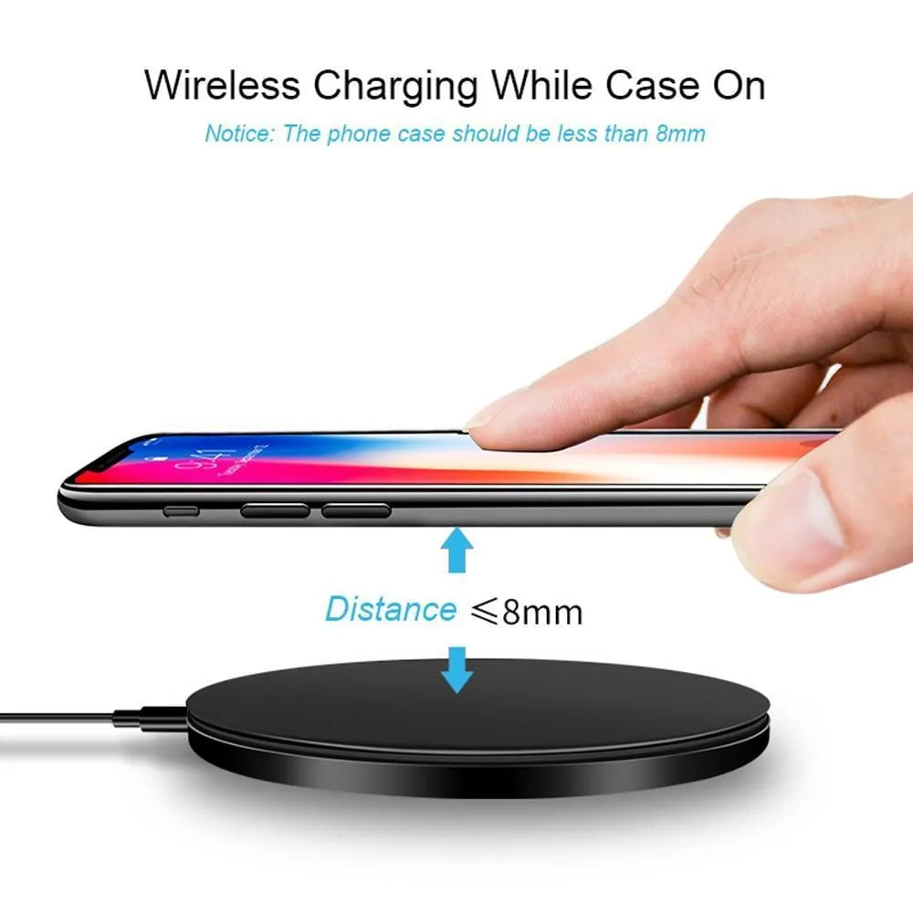 Black ultra-thin 98mm square wireless fast charging pad with USB cable for QI-enabled devices