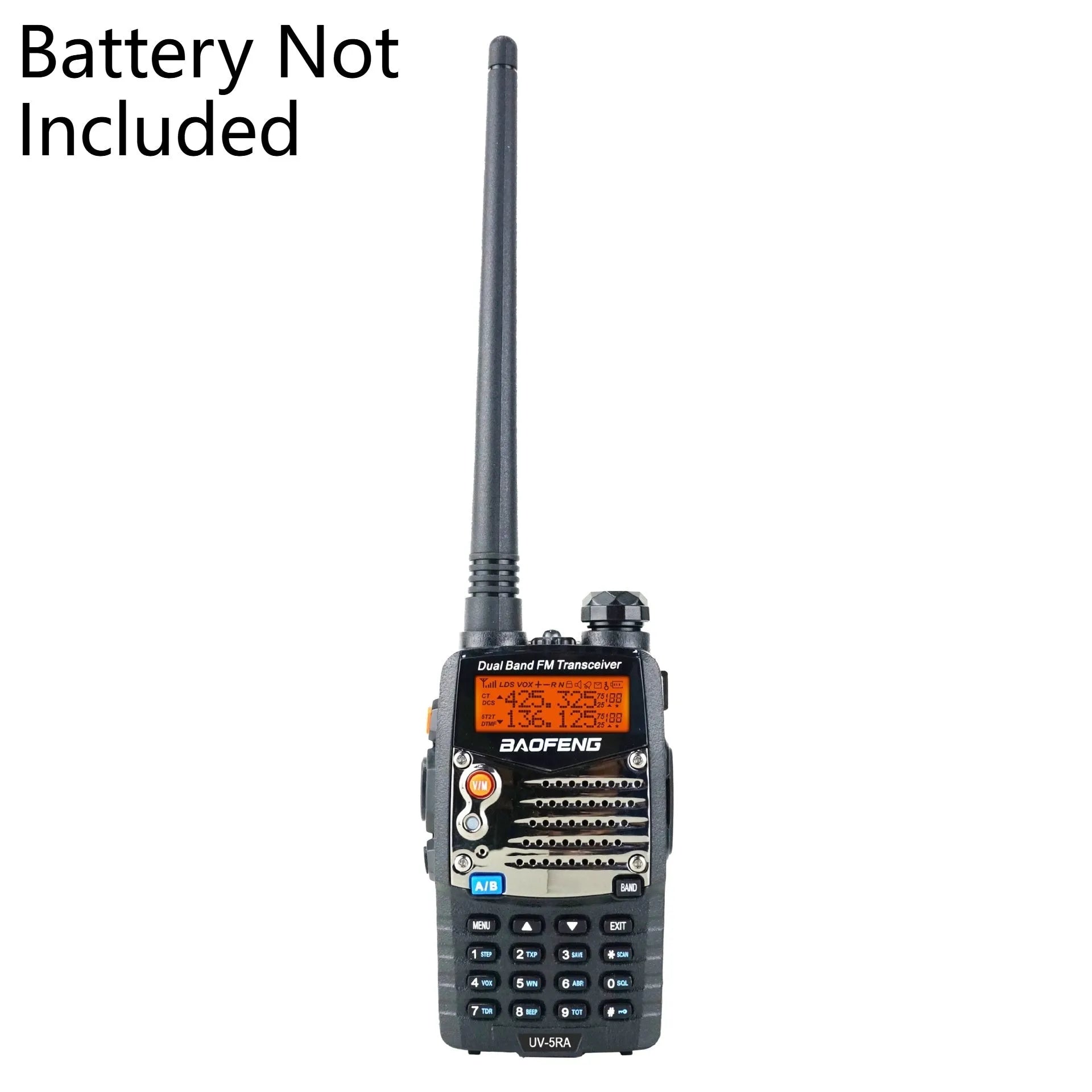 Baofeng UV-5RA dual band handheld walkie-talkie with display, shown in available colour variants.