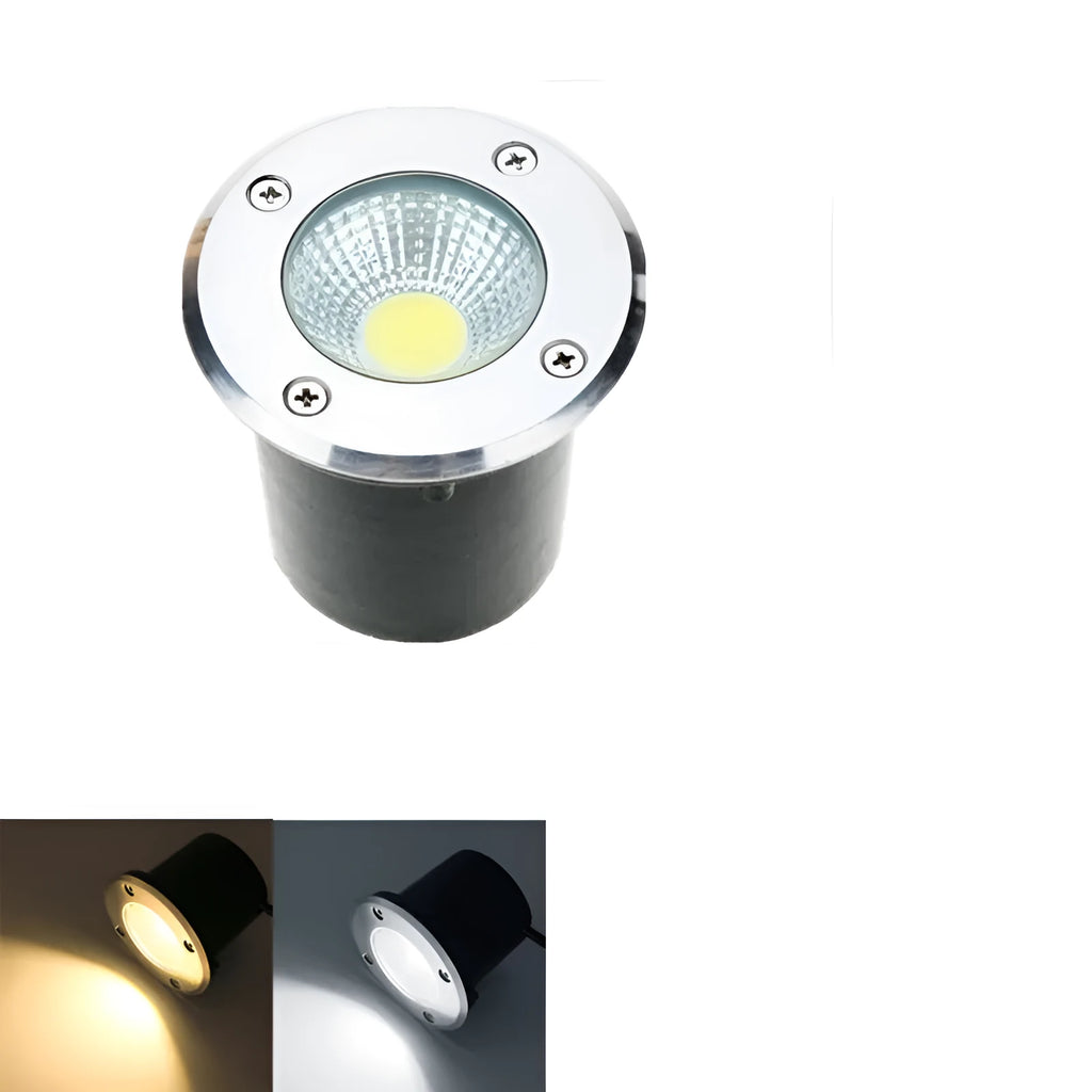 Black round LED COB underground light for outdoor garden and pathway illumination.