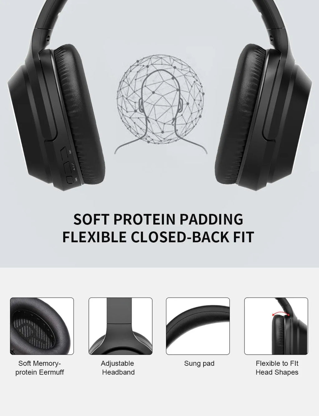 Black Gorsun E98 wireless Bluetooth over-ear headphones with adjustable headband and memory-protein ear cushions