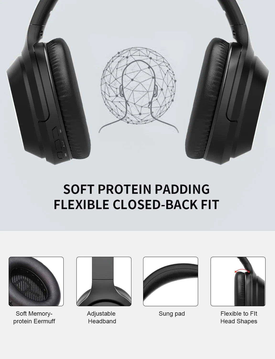 Black Gorsun E98 wireless Bluetooth over-ear headphones with adjustable headband and memory-protein ear cushions