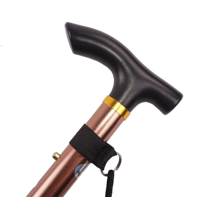 Aluminium folding walking cane extended to show adjustable length with non-slip handle