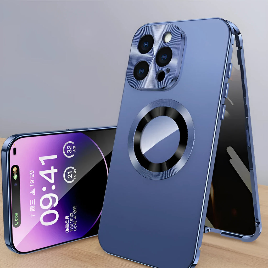 Magnetic iPhone case with anti-peep metal clip in black, blue, gold, purple and silver colour options