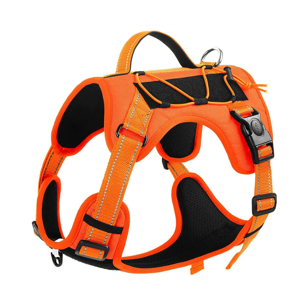 Reflective dog harness with explosion-proof hand-holding rope in orange colour showing vest design and secure grip