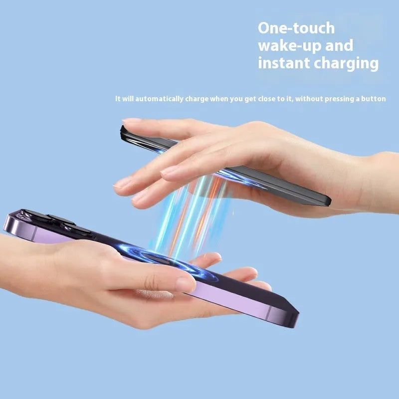 Ultra-thin magnetic power bank in dark gray, silver, black, or violet colour with alloy shell.