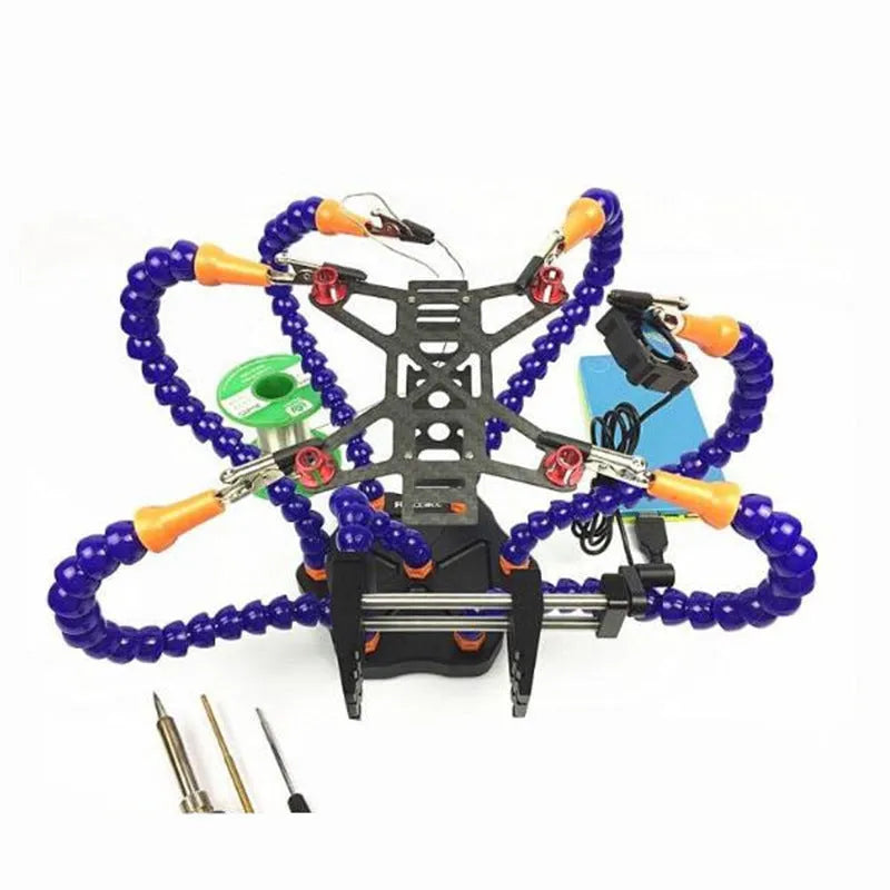 Black six-claw aluminium alloy welding station with multiple adjustable arms and a rotating head chuck.