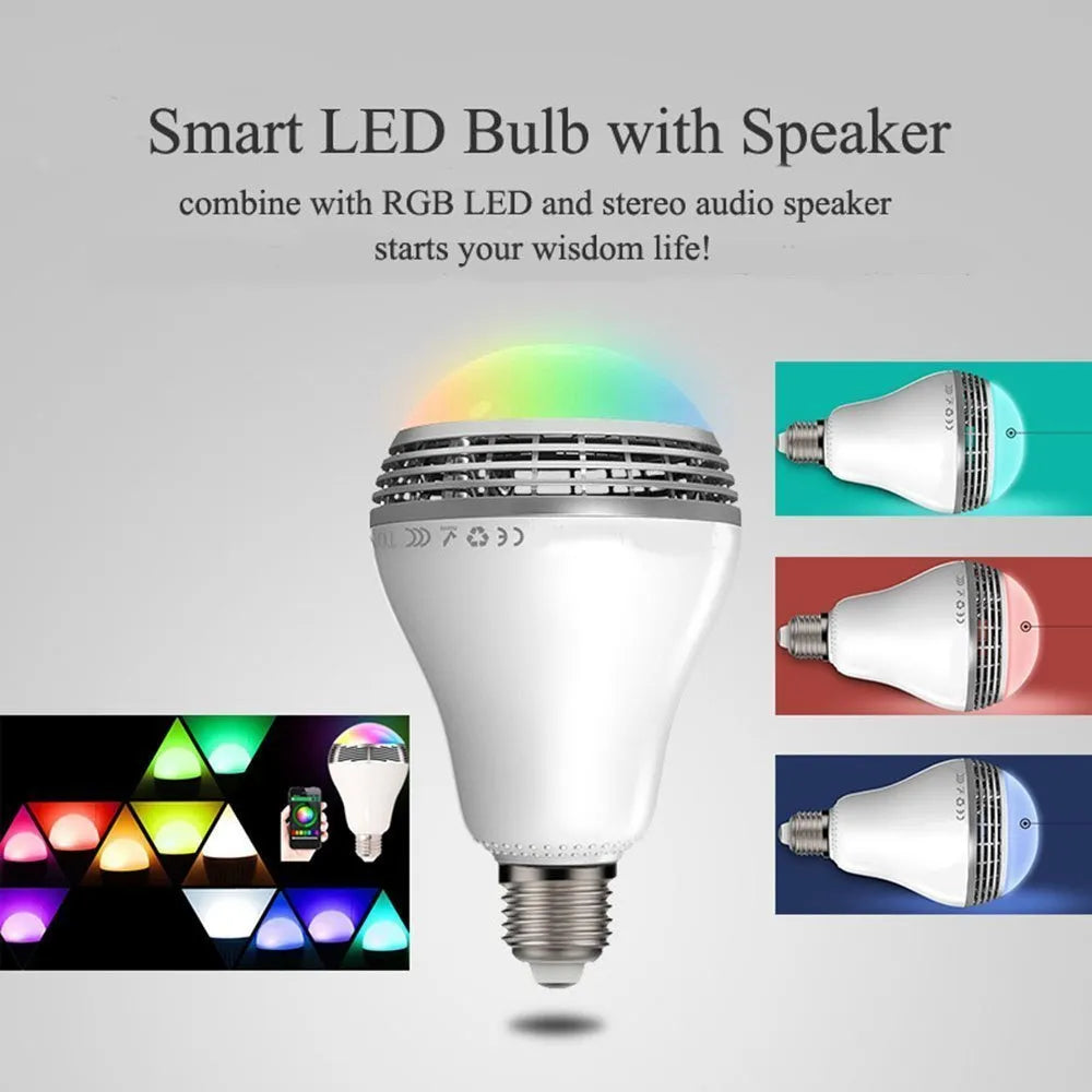 Smart LED E27 bulb with Bluetooth speaker inside, showing RGB colour changing light