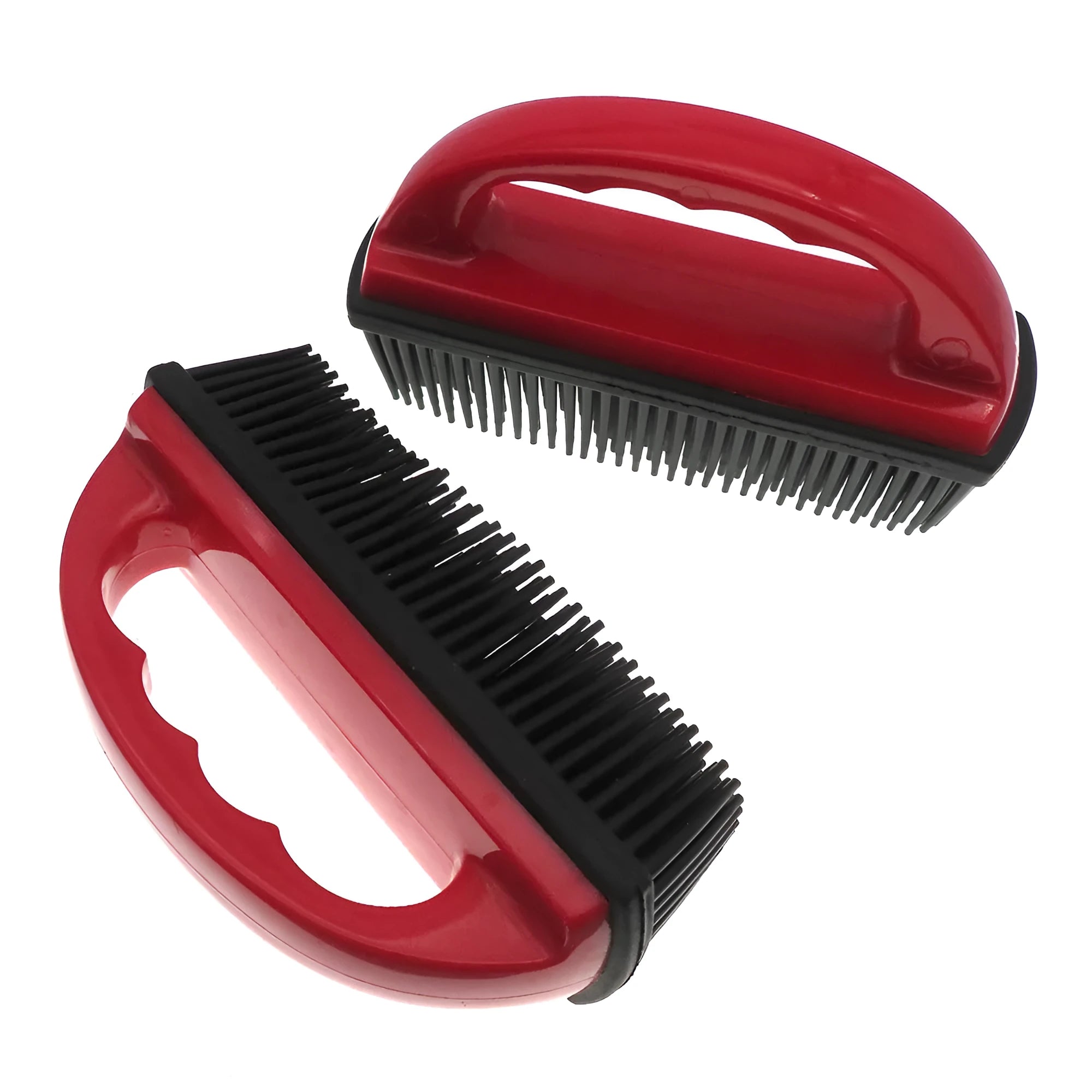 Red pet hair removal brush for bathing, massage and carpet cleaning measuring 160mm by 85mm