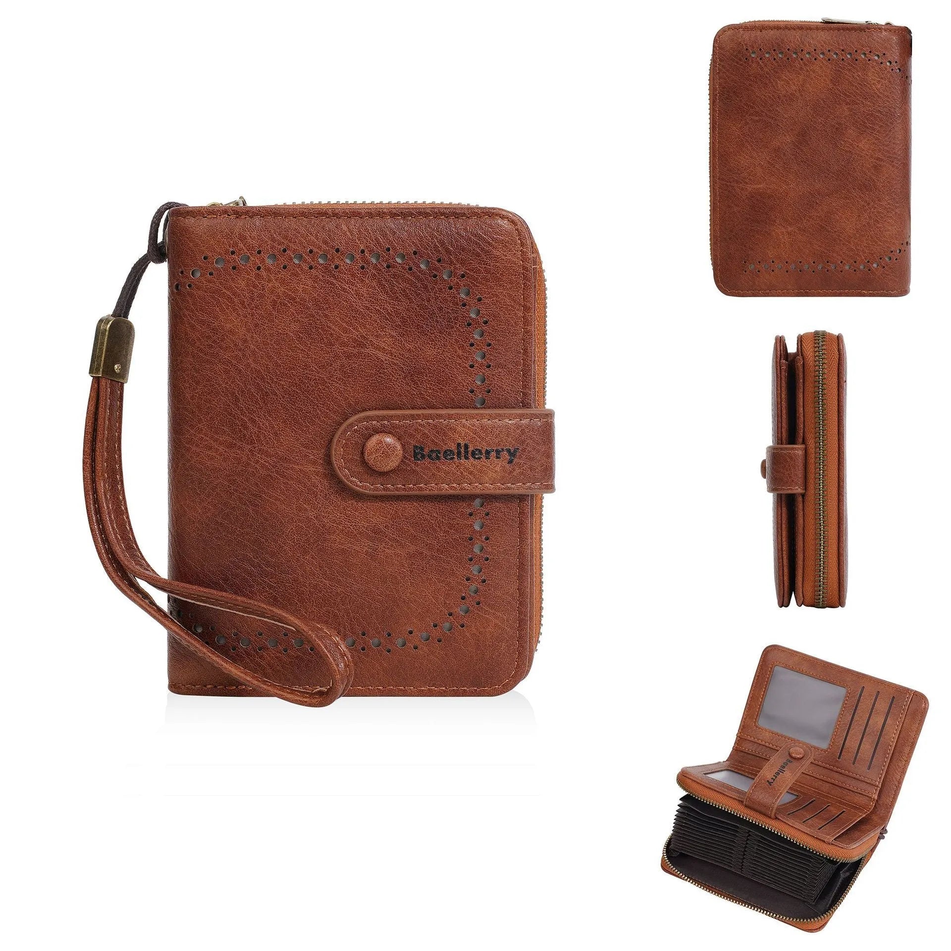 Women's black PU leather zip coin purse with card slots, shown alongside red, brown, and light grey colour options.