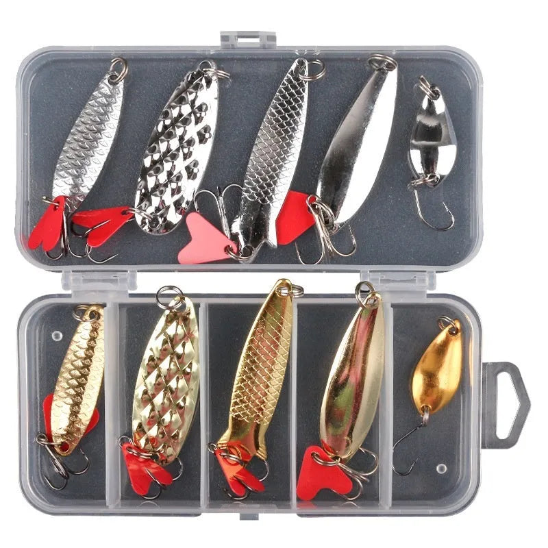 Pineapple sequin box containing metal fishing lure components in gold and silver colours