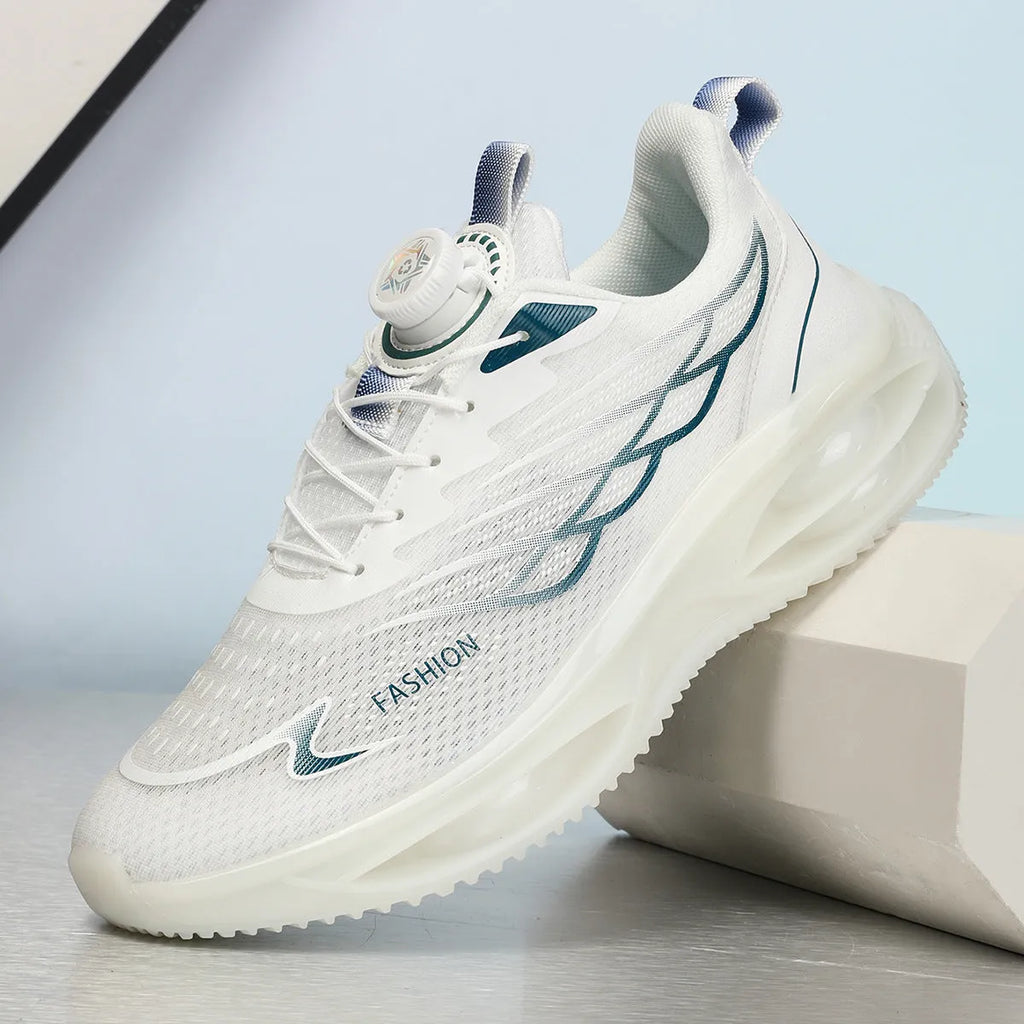 Casual breathable running shoes in sky blue, black gold, or white with mesh upper and rubber sole
