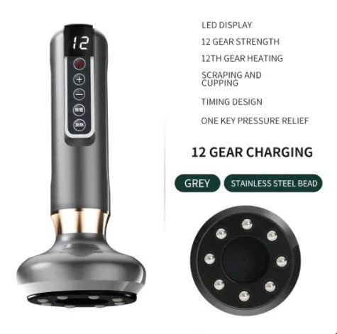 Green electric vacuum cupping massager with adjustable suction and heating controls