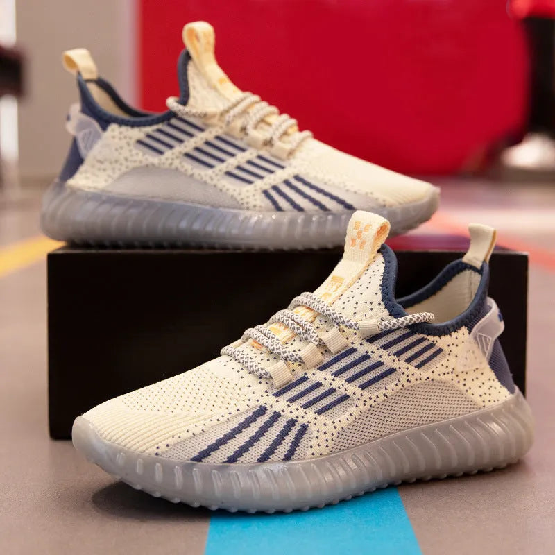 Men's white breathable sports shoes with a platform heel and mesh lining.