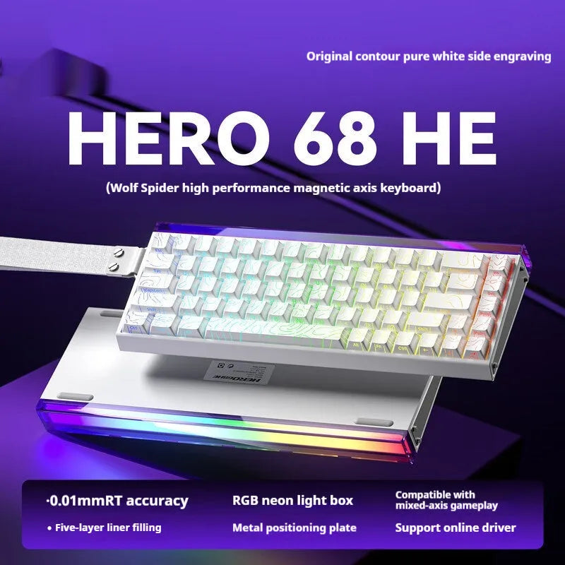 Magnetic axis RGB mechanical keyboard showing side engraving detail and multi-colour backlighting.