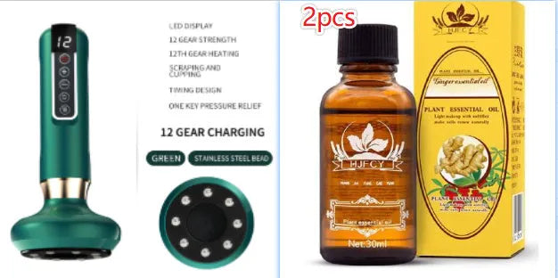 Green electric vacuum cupping massager with adjustable suction and heating controls