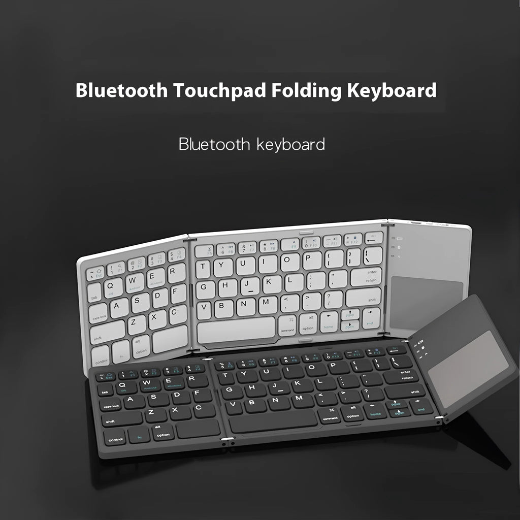 Black mini tri-fold Bluetooth keyboard shown folded and unfolded next to a mobile phone.